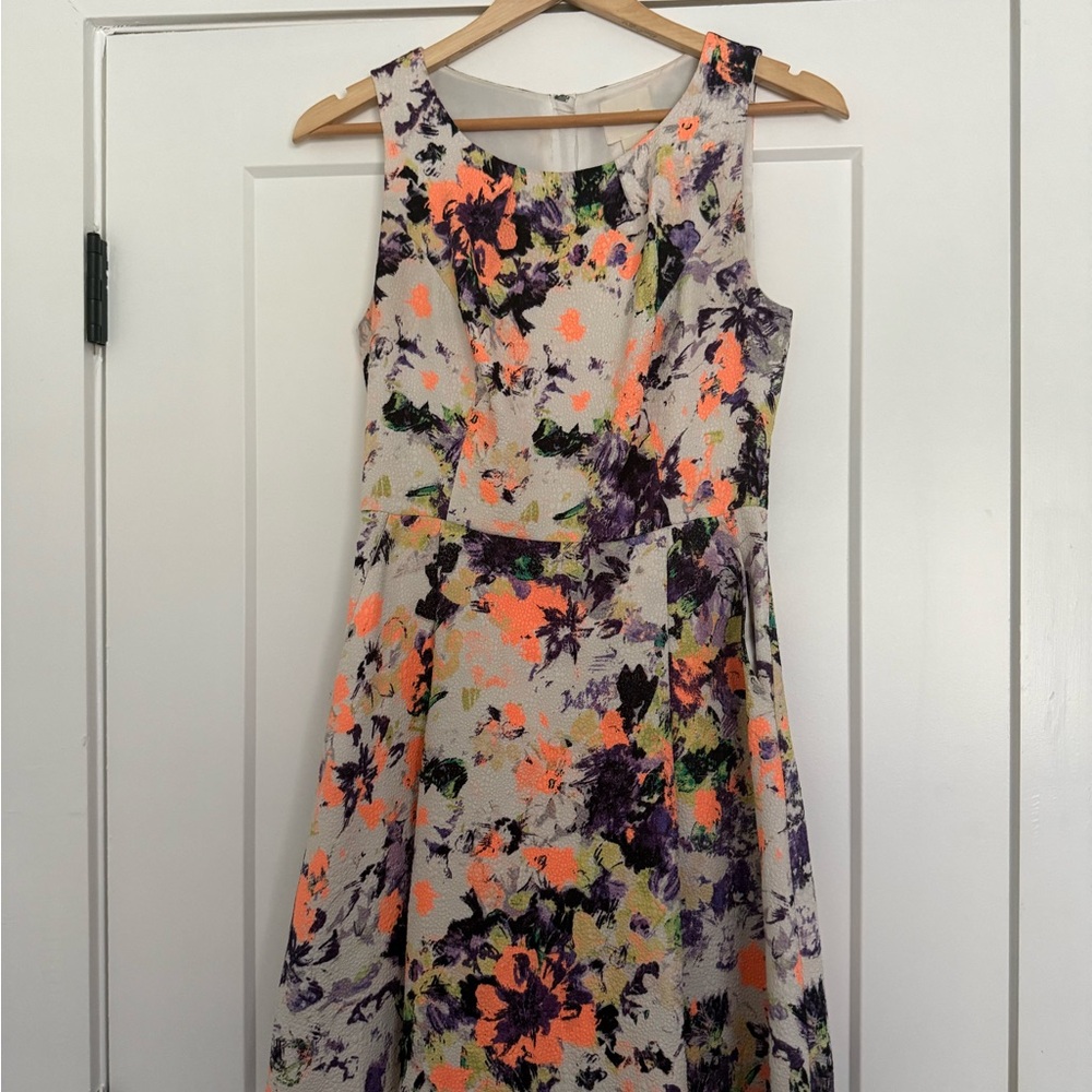 Maeve Orange and Purple A-Line Midi Dress Scoop Neck Sleeveless